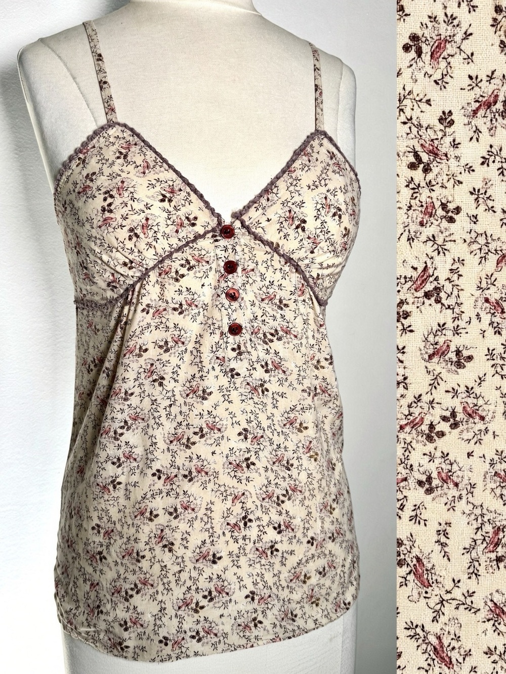 Overdrive Vintage Floral Bird Print Halter Cami S Juniors Tiny Fit Cottagecore